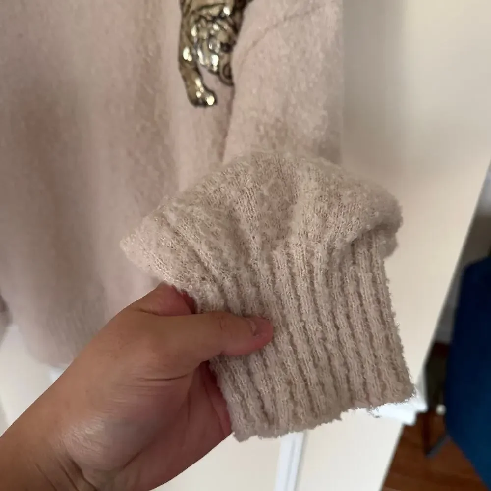 Peach Love Oatmeal Sequin Tiger Matted Sweater Pullover Preppy Bubble Sleeve - Picture 7 of 13